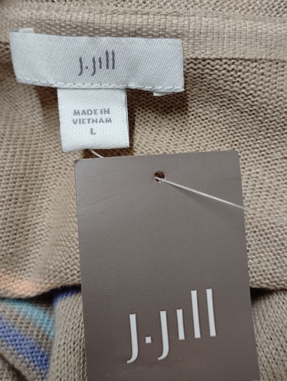 J. Jill Beige Striped Open Front Long Knit Sweater Cardigan Lightweight Sz L NWT - Picture 5 of 6